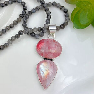 Pink Rainbow Moonstone Pendant Moonstone Necklace Boho Southwest New 925